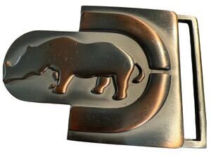 Vintage Artisan Rhino Belt Buckle, Brass/Pewter, Brutalist Wildlife Metal Art